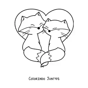 Desenho para colorir de casal de raposas kawaii apaixonadas