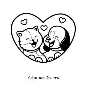 Desenho para colorir de urso e gato kawaii apaixonados em um coração