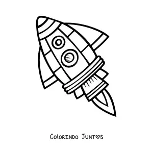 Desenho para colorir de um foguete espacial voando inclinado para a esquerda