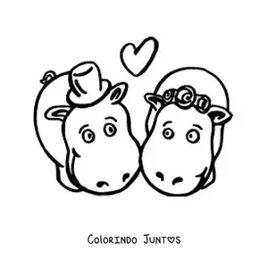 Desenho para colorir de casal de hipopótamos kawaii apaixonados