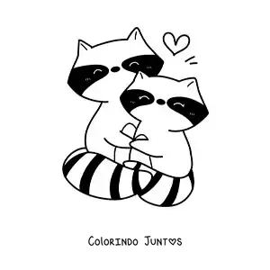 Desenho para colorir de casal de guaxinins kawaii apaixonados