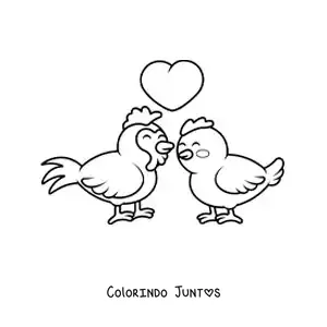 Desenho para colorir de casal de galo e galinha kawaii apaixonados