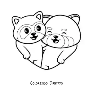 Desenho para colorir de casal de pandas-vermelhos animados apaixonados