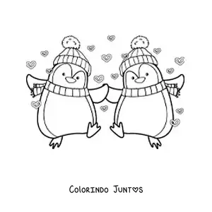 Desenho para colorir de casal de pinguins animados apaixonados