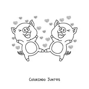 Desenho para colorir de casal de porquinhos animados apaixonados
