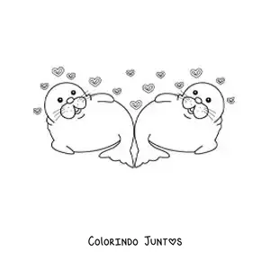 Desenho para colorir de casal de focas animadas apaixonadas