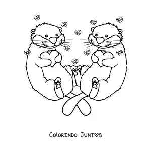 Desenho para colorir de casal de lontras animadas apaixonadas