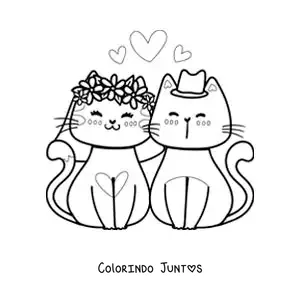Desenho para colorir de casamento de gatinhos kawaii com corações