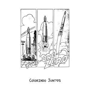 Desenho para colorir de uma cena com o lancamento de um foguete realista