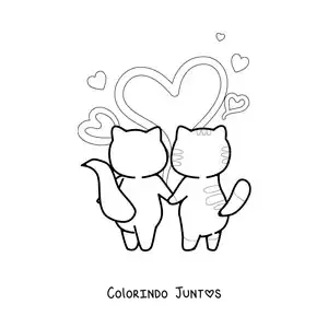 Desenho para colorir de casal de gatinhos de mãos dadas com corações