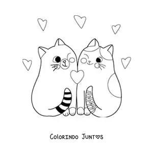 Desenho para colorir de casal de gatinhos animados apaixonados juntos com corações