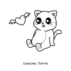 Desenho para colorir de gato kawaii animado sentado com um coração com asas