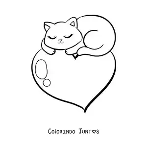 Desenho para colorir de gatinho fofo dormindo sobre um coração