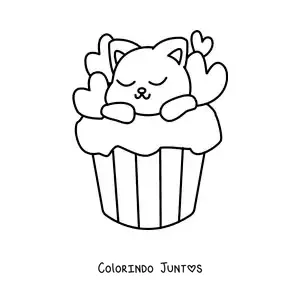 Desenho para colorir de gato fofo dormindo em um cupcake de corações