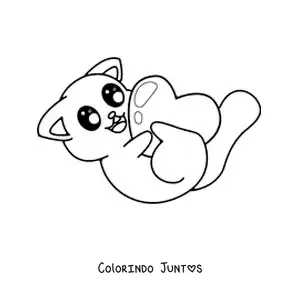 Desenho para colorir de gato kawaii brincando com um coração