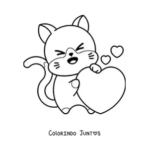 Desenho para colorir de gato kawaii com um coração grande