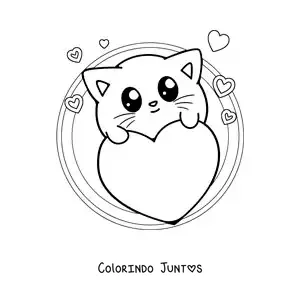 Desenho para colorir de gato kawaii fofo com corações de São Valentim