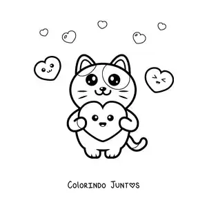 Desenho para colorir de gato fofo animado com corações kawaii