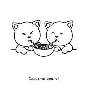 Desenho para colorir de gatinhos apaixonados jantando espaguete