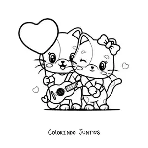 Desenho para colorir de gatinhos roqueiros apaixonados com um balão de coração