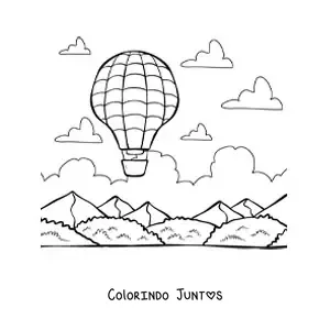 Desenho para colorir de um balao de ar quente voando entre montanhas