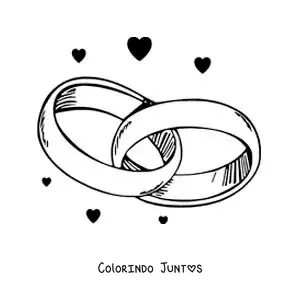 Desenho para colorir de anéis de noivado entrelaçados com corações