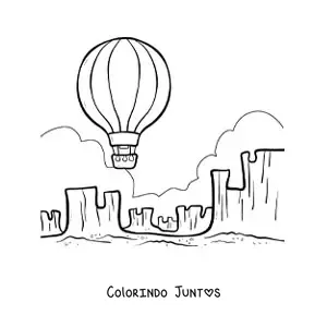 Desenho para colorir de um balao de ar quente voando no deserto