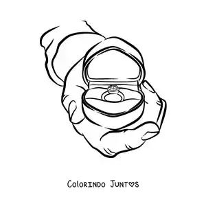 Desenho para colorir de uma mão com um anel de noivado na sua caixa em forma de coração