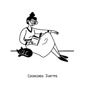 Desenho para colorir de garota de óculos sentada lendo ao lado do seu gato