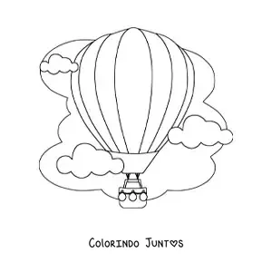 Desenho para colorir de um balao de ar quente entre nuvens no ceu