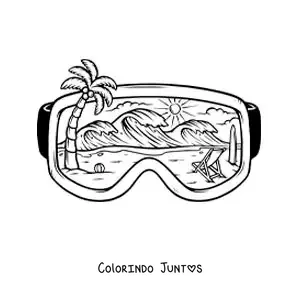Desenho para colorir de óculos de mergulho com uma paisagem de praia