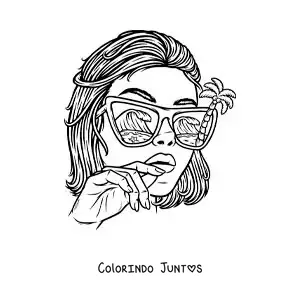 Desenho para colorir de linda garota com óculos de sol e uma paisagem de praia