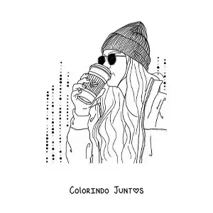 Desenho para colorir de garota tumblr de óculos e gorro tomando café