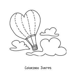 Desenho para colorir de um balao de ar quente em forma de coracao no ceu
