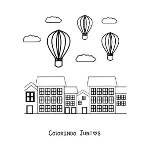 Desenho para colorir de tres baloes de ar quente voando sobre a cidade