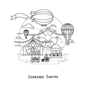 Desenho para colorir de varios baloes de ar quente voando sobre uma feira
