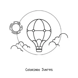 Desenho para colorir de um balao de ar quente no ceu diante do sol