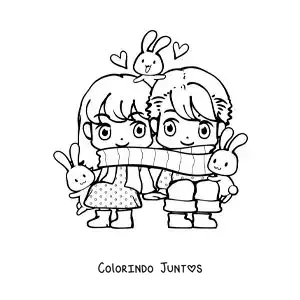 Desenho para colorir de casal kawaii com um cachecol