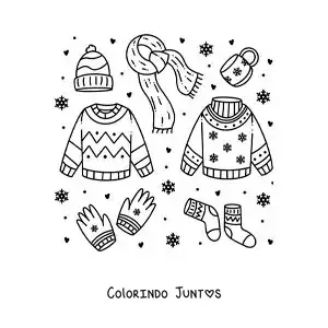 Desenho para colorir de cachecol e roupas de inverno