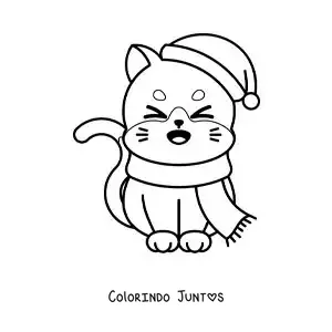 Desenho para colorir de gato de desenho com um cachecol e um gorro de Natal