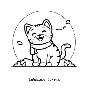 Desenho para colorir de gato de desenho com um cachecol no outono