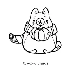 Desenho para colorir de gato de desenho com um cachecol e uma abóbora no outono