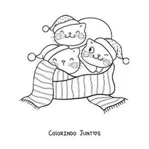 Desenho para colorir de três gatos de desenho em um cachecol natalino