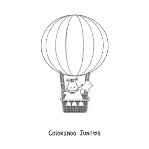Desenho para colorir de um hipopotamo animado voando em um balao de ar quente