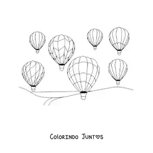 Desenho para colorir de varios baloes de ar quente no ar sobre uma paisagem