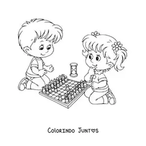 Desenho para colorir de um menino e uma menina jogando xadrez