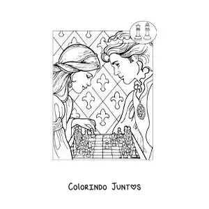 Desenho para colorir de uma princesa e um príncipe jogando xadrez