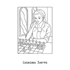 Desenho para colorir de uma menina jogando xadrez