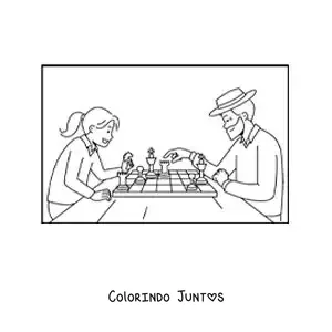 Desenho para colorir de uma menina jogando xadrez com o avô