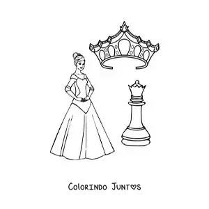 Desenho para colorir de peça da rainha do xadrez com uma coroa e uma rainha de desenho